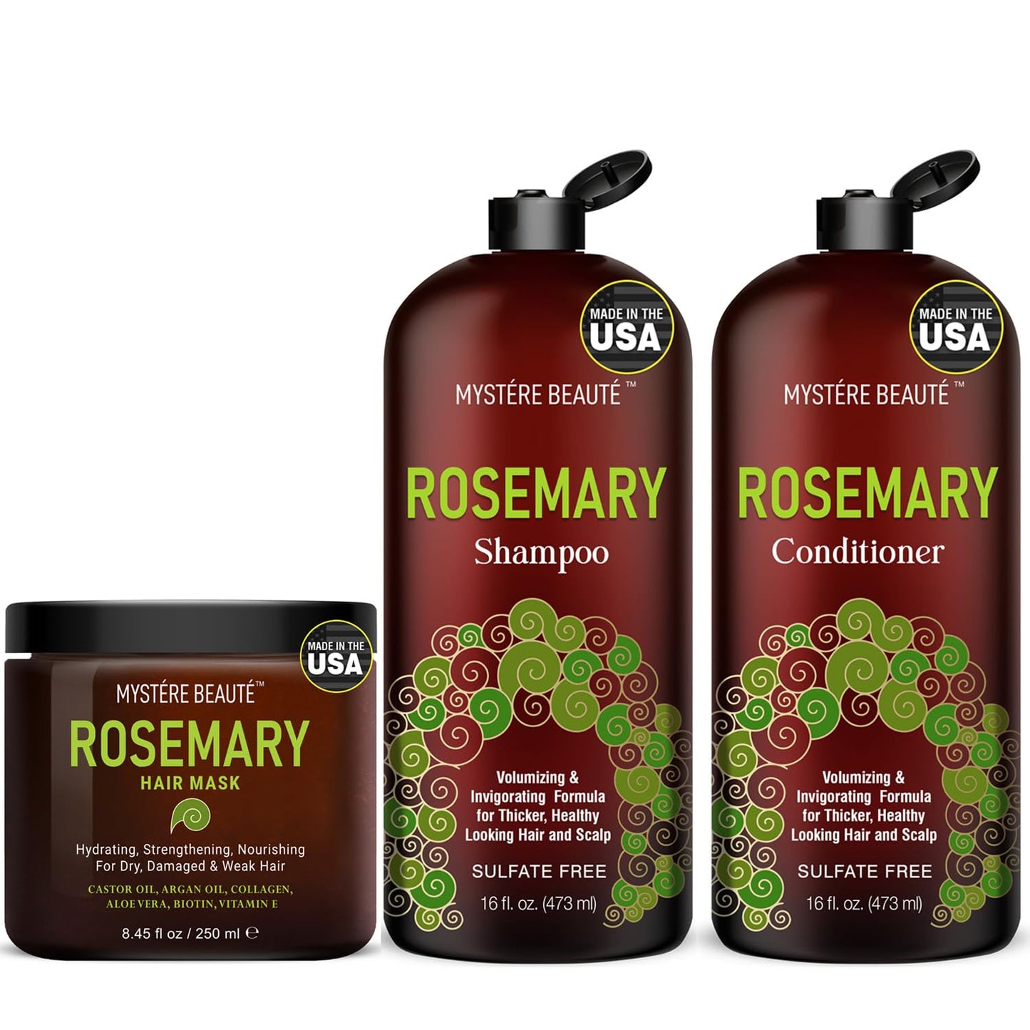 Rosemary Shampoo and Conditioner Set 16 fl oz Each Plus Hair Mask 8.45 fl oz Bundle