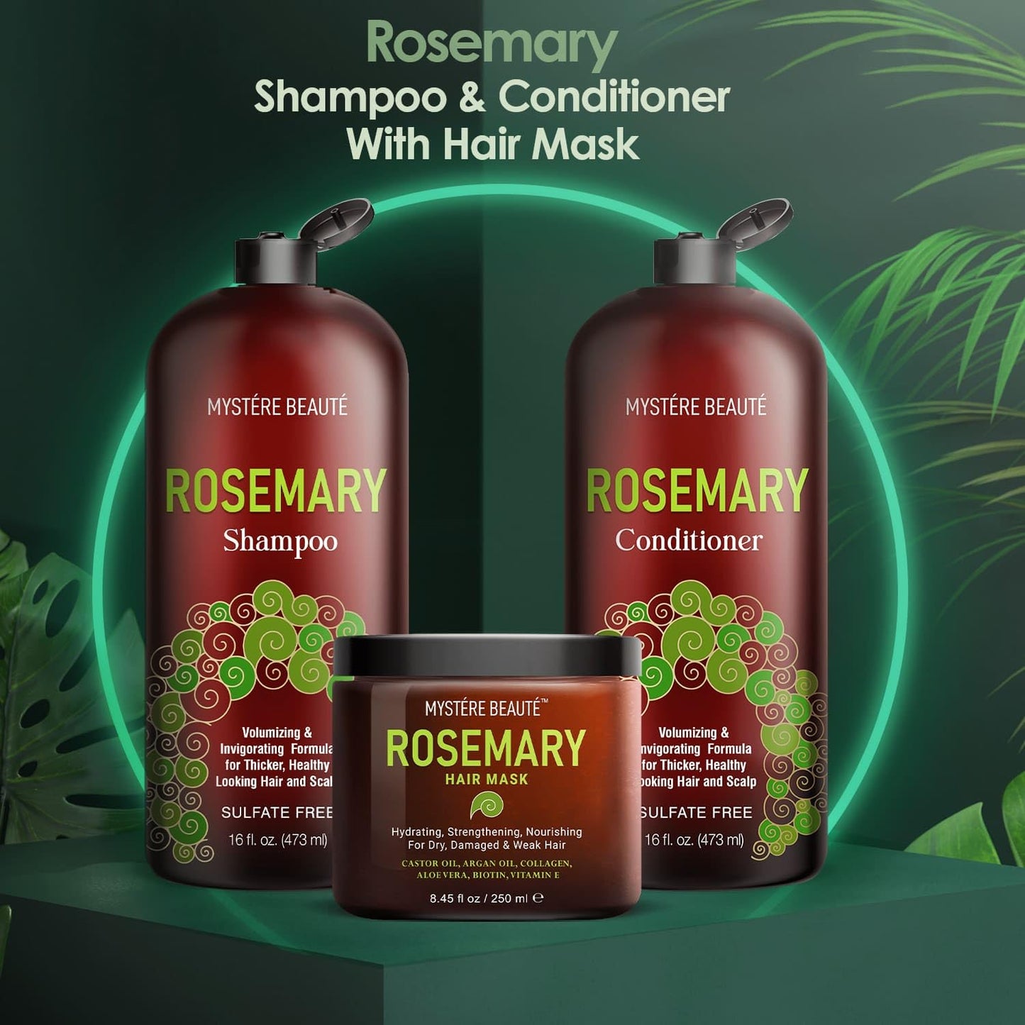 Rosemary Shampoo and Conditioner Set 16 fl oz Each Plus Hair Mask 8.45 fl oz Bundle