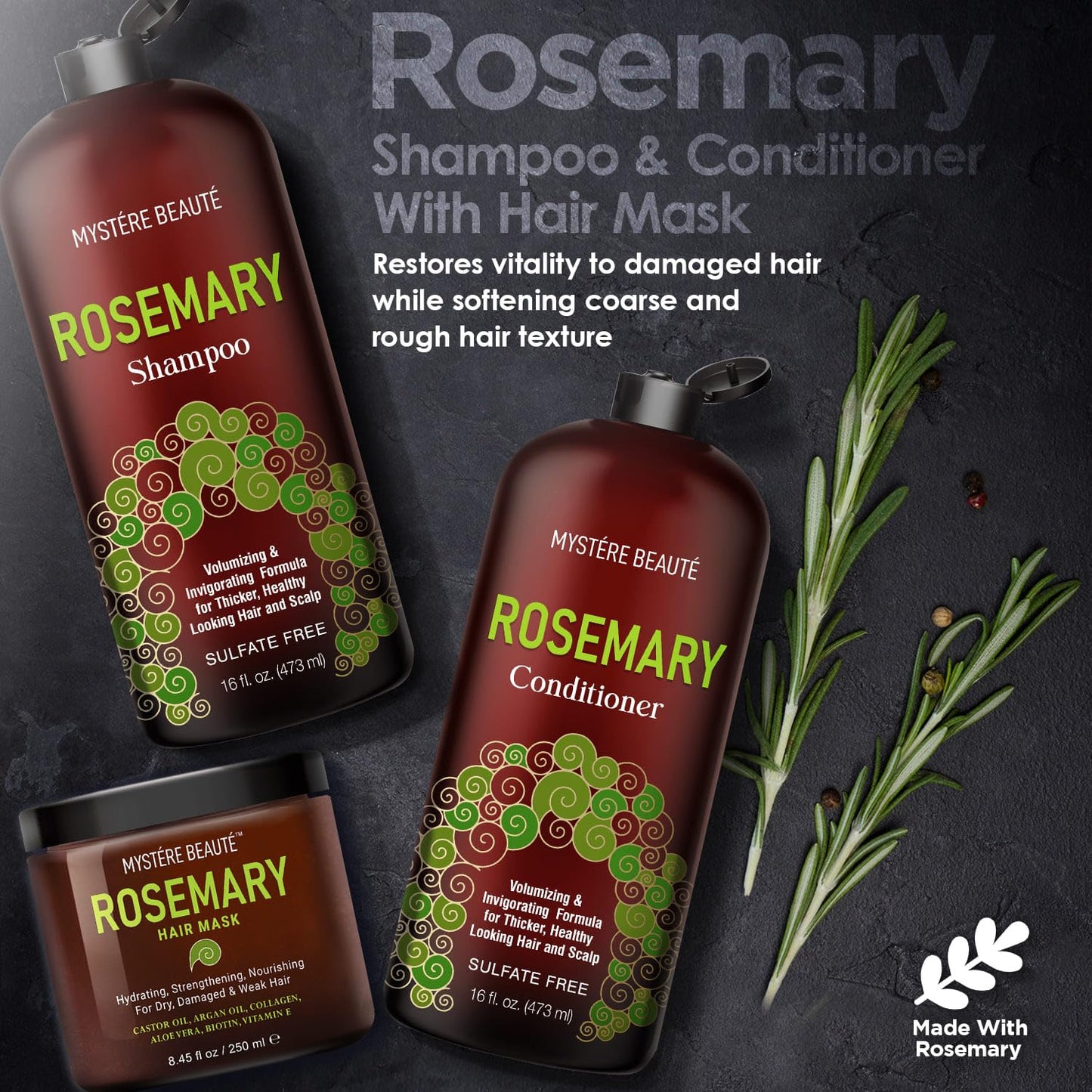 Rosemary Shampoo and Conditioner Set 16 fl oz Each Plus Hair Mask 8.45 fl oz Bundle